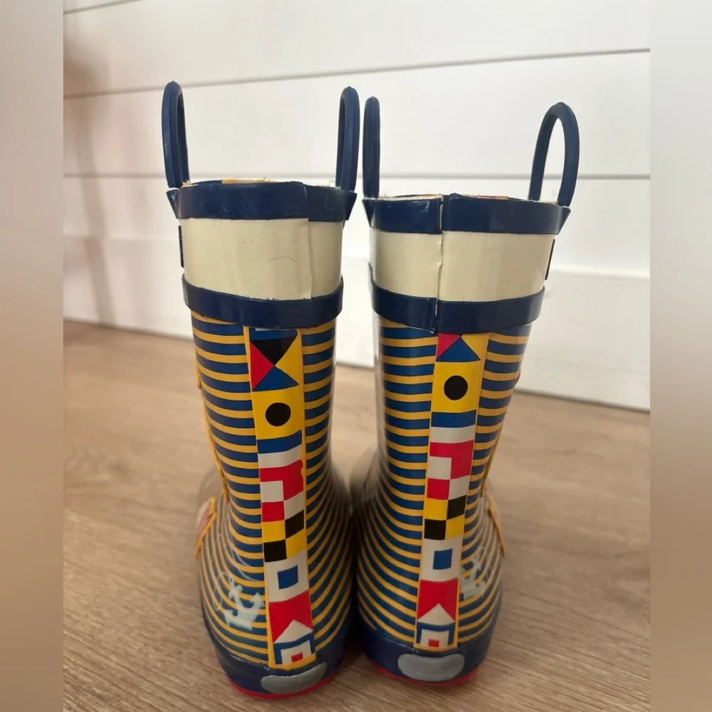 Kamik Rain Boots kids Size 2 Blue Yellow Nautical‎ Sailboat NWOT